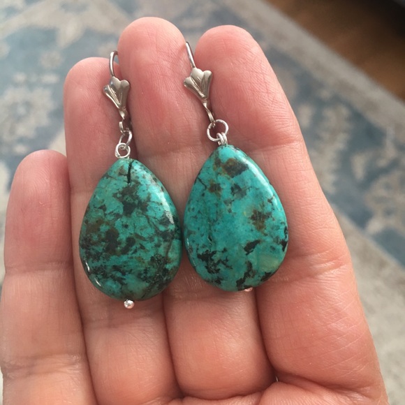 Natural chrysocolla silver tone drop earrings - Picture 5 of 7